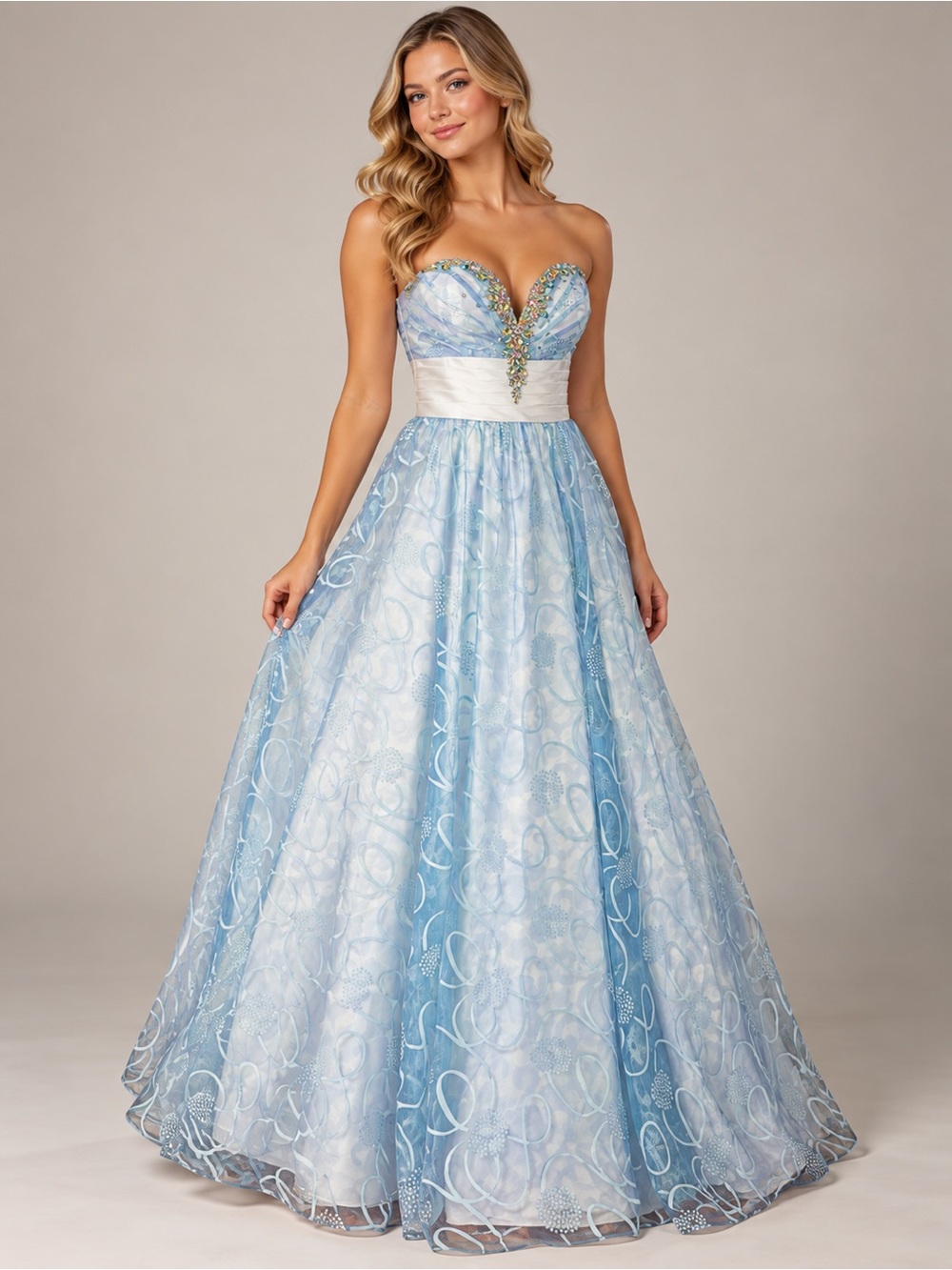 Y2K Ice Blue Jeweled Strapless Prom Gown with Full Skirt